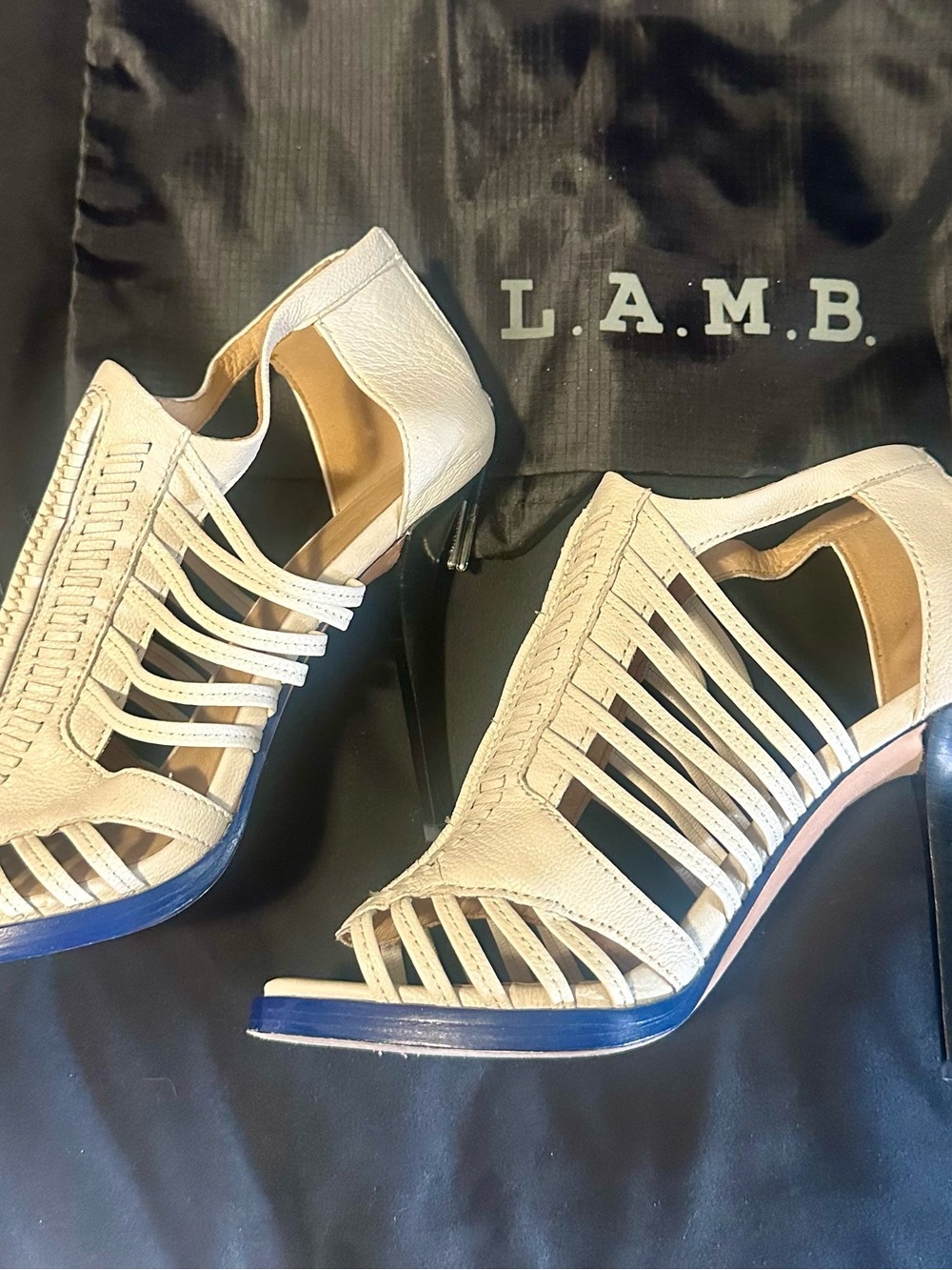L.A.M.B. Kamy White Strappy Leather High-Heel Sandals with Blue Trim
